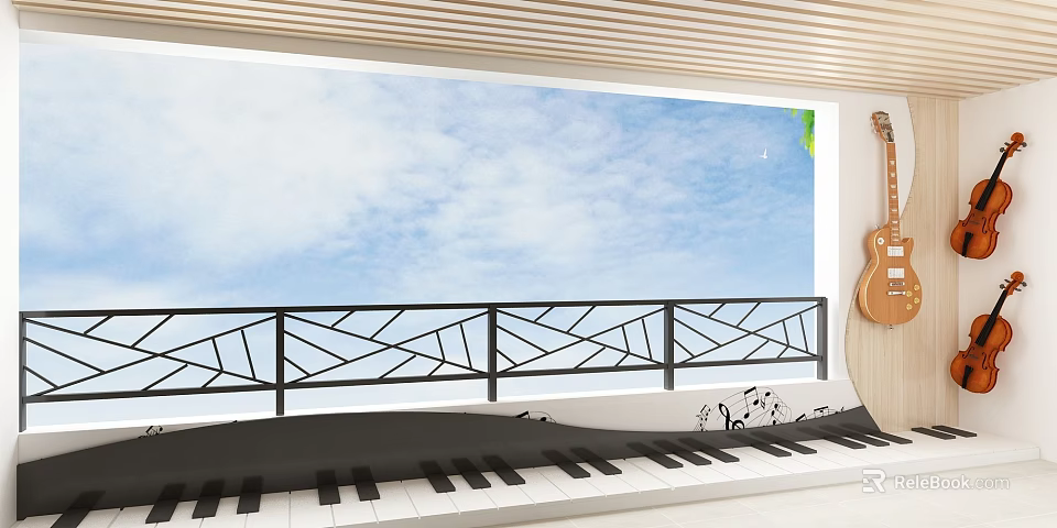 Modern Black Metal Balcony Railing With Geometric Patterns Beside Piano And Blue Sky 3d model 