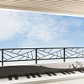 Modern Black Metal Balcony Railing With Geometric Patterns Beside Piano And Blue Sky