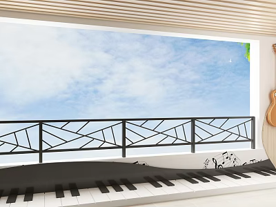 Modern Black Metal Balcony Railing With Geometric Patterns Beside Piano And Blue Sky 3d model