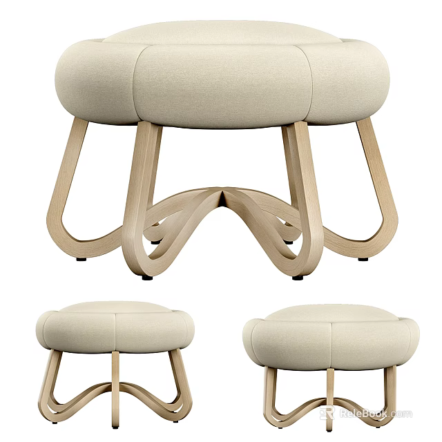 Beige Upholstered Sofa Stool with Curved Wooden Legs Modern Design 3d model 