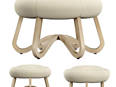 Beige Upholstered Sofa Stool with Curved Wooden Legs Modern Design 3d model