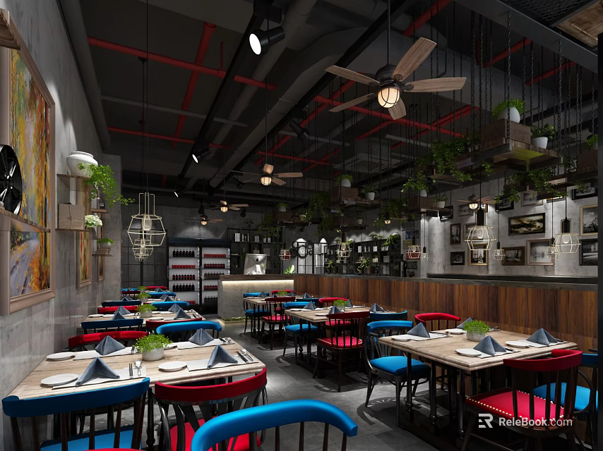 Modern Restaurant Interior With Red Blue Chairs Tables Tableware Ceiling Fans And Green Plants 3d model 