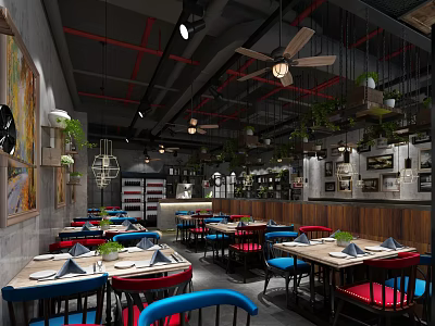 Modern Restaurant Interior With Red Blue Chairs Tables Tableware Ceiling Fans And Green Plants 3d model