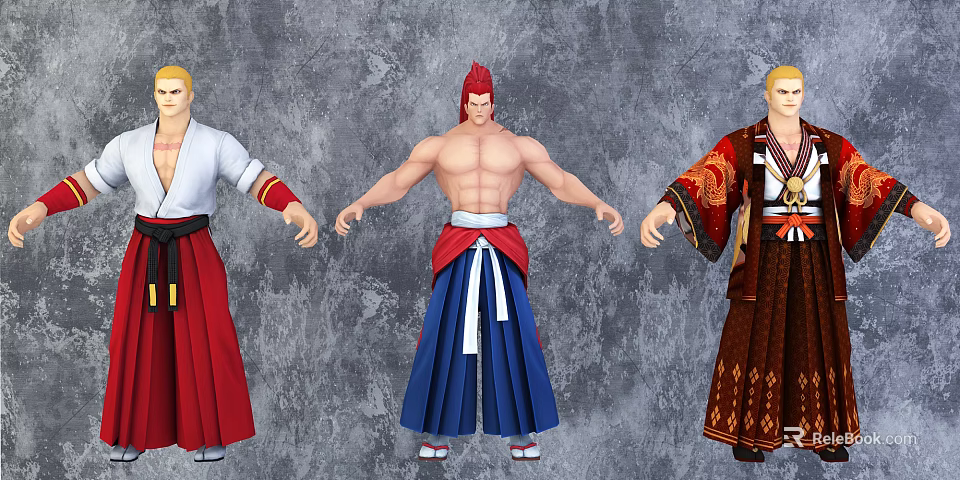 Three Game and Movie Characters in Traditional Colorful Costumes with Distinctive Styles 3d model 
