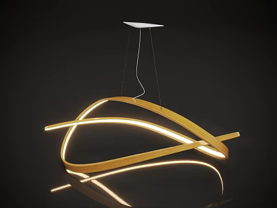 Modern Golden Curved Illuminated Chandelier with Reflective Design on Black Surface 3d model