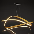 Modern Golden Curved Illuminated Chandelier with Reflective Design on Black Surface