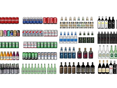 Assorted Beverages Collection Featuring Canned Sodas Bottled Beer Water and Fruit Juices 3d model
