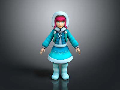 Animated Cartoon Girl Character 3D Rendered With Blue Coat White Trim Pink Hair And Boots 3d model