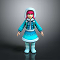 Animated Cartoon Girl Character 3D Rendered With Blue Coat White Trim Pink Hair And Boots