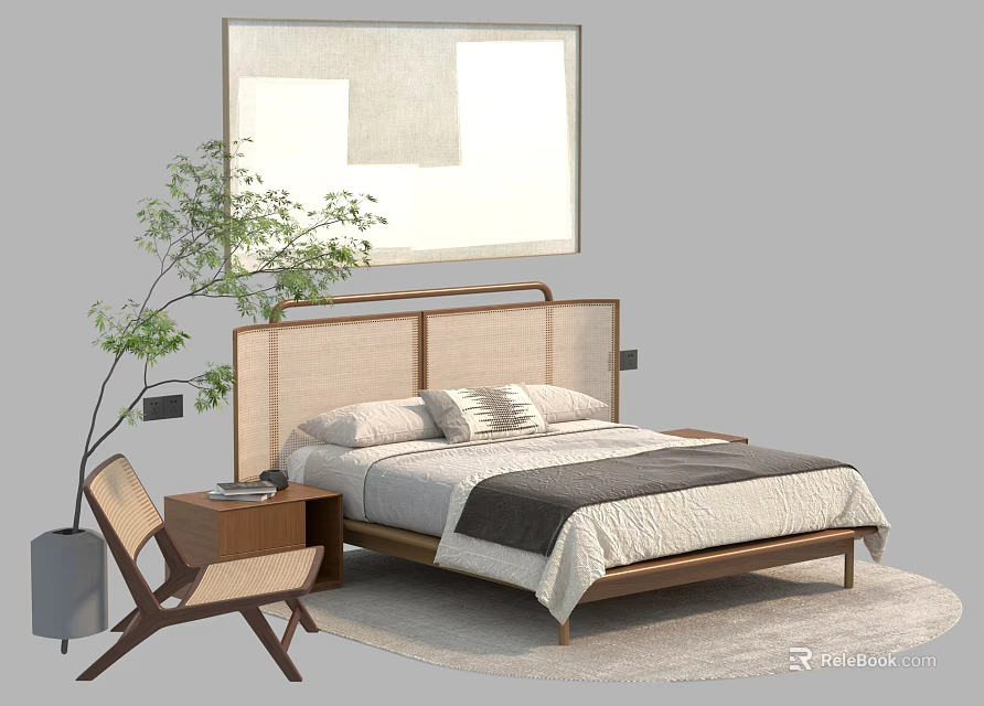 Modern Double Bed With Wooden Frame Linen Headboard Nightstand Accent Chair And Potted Plant 3d model 