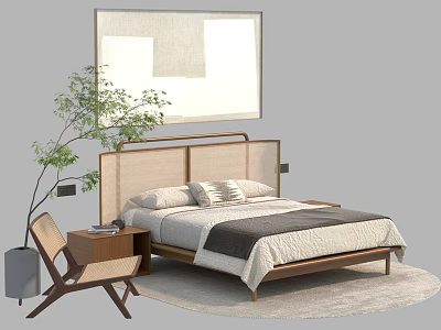 Modern Double Bed With Wooden Frame Linen Headboard Nightstand Accent Chair And Potted Plant 3d model