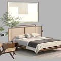 Modern Double Bed With Wooden Frame Linen Headboard Nightstand Accent Chair And Potted Plant