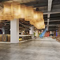 Industrial Style Restaurant Interior With Robot Decorations Wooden Ceiling Bar Counter And Wine Racks