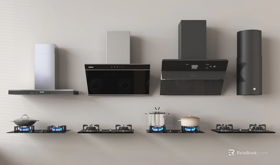 Modern Kitchen Cookware Collection Featuring Range Hoods Gas Stoves And Pots 3d model