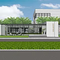 Modern Garden Landscape Design With Green Lawn Curved Paths Trees And Buildings