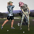 Two People Playing Golf On Green Course With Clubs And Balls 3d model