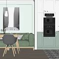 Light Green And White Kitchen With Wooden Dining Table Green Sofa And Geometric Floor Tiles