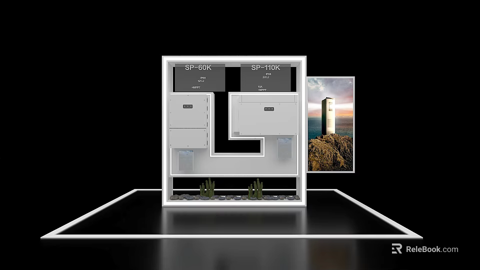 Exhibition Hall Culture Wall Interior Design With Display Sections Decorative Plants And Lighthouse 3d model 