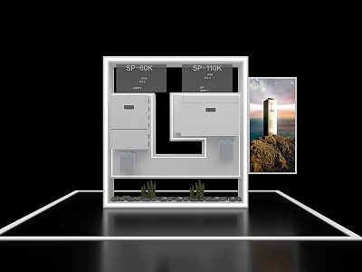 Exhibition Hall Culture Wall Interior Design With Display Sections Decorative Plants And Lighthouse 3d model