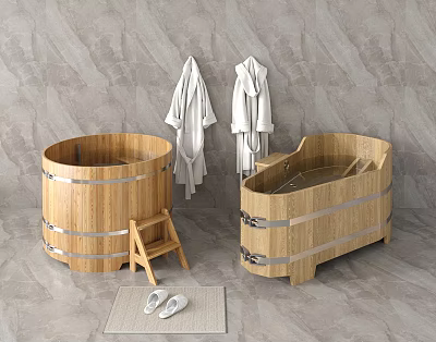 Two Wooden Bathtubs With Gray Marble Wall Floor Wooden Stool Slippers And White Bathrobes 3d model