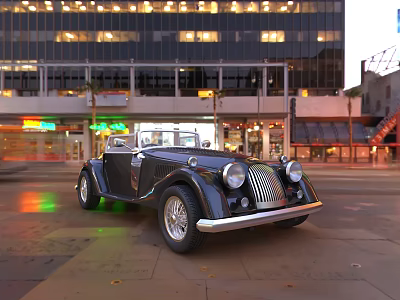 Classic Black Convertible Car Parked On Urban Street With City Lights And Buildings 3d model