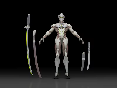 Game Movie Character in White Silver Armor with Multiple Swords 3d model