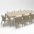 Modern Rectangular Wooden Dining Table Set With Rattan Back Chairs And White Cushions 3d model
