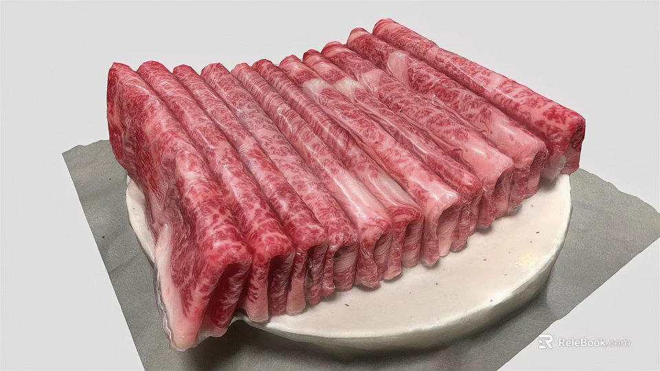 Fresh Sliced Marbled Beef Arranged On White Plate For Serving 3d model 
