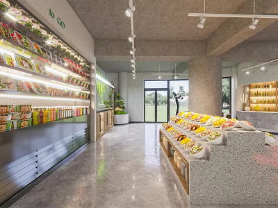 Modern Restaurant Interior With Food Shelves Fresh Produce Fruit Display Concrete Ceiling And Large Windows 3d model