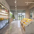 Modern Restaurant Interior With Food Shelves Fresh Produce Fruit Display Concrete Ceiling And Large Windows