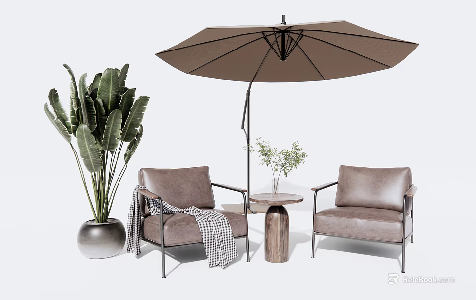 Stylish Outdoor Sofa Chairs With Checkered Blanket Brown Umbrella Small Table And Green Plants 3d model 