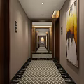 Modern Elevator Hallway Interior With Wall Logo Lamps Potted Plants And Marble Flooring