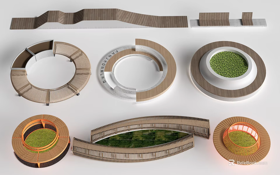 Creative Landscape Seats With Various Circular Curved Shapes Wooden Frames And Green Plants 3d model 