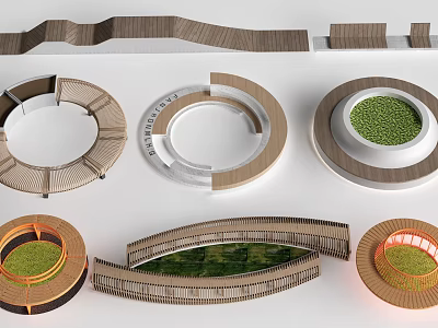 Creative Landscape Seats With Various Circular Curved Shapes Wooden Frames And Green Plants 3d model