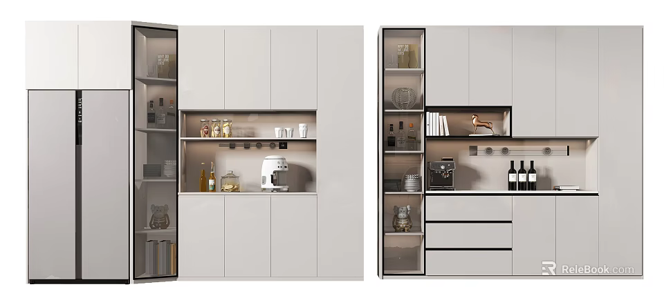Modern White Wine Cabinet With Glass Shelves Wine Bottles Decorative Items And Coffee Machine 3d model 