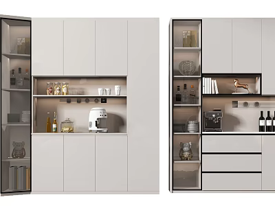 Modern White Wine Cabinet With Glass Shelves Wine Bottles Decorative Items And Coffee Machine 3d model