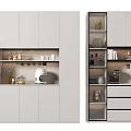 Modern White Wine Cabinet With Glass Shelves Wine Bottles Decorative Items And Coffee Machine