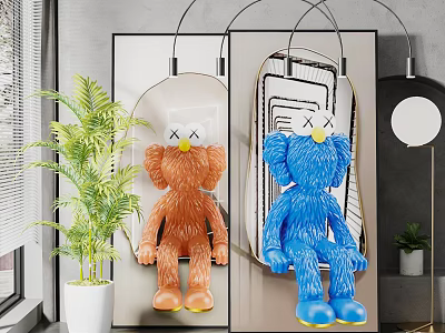 Colorful Stuffed Cartoon Characters In Modern Room With Potted Plant And Artwork 3d model