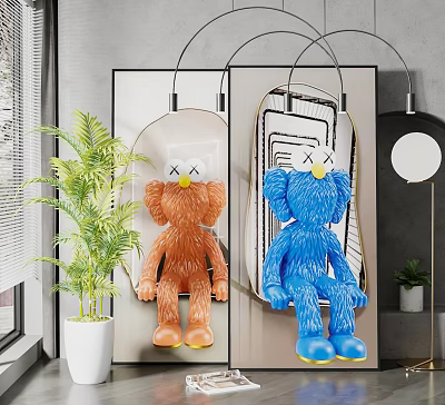Colorful Stuffed Cartoon Characters In Modern Room With Potted Plant And Artwork 3d model
