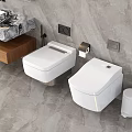 Modern Bathroom Interior With Two White Wall Hung Toilets And Marble Sink Accessories