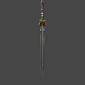 Ornate Mythical Sword With Twisted Colorful Hilt Golden Accents And Red Gemstone Engraved Blade