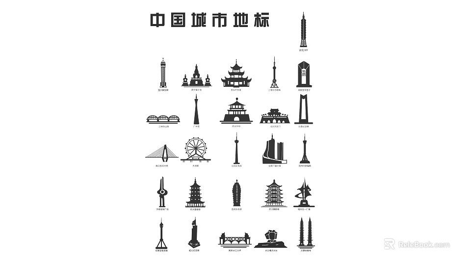 Chinese City Landmarks Collection Of Iconic Architectural Silhouette Design Icons 3d model 