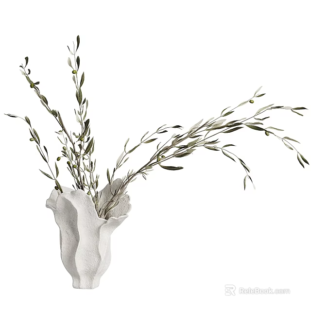 Ruffled White Vase With Olive Branches And Small Olive Fruits Decorative Arrangement 3d model 