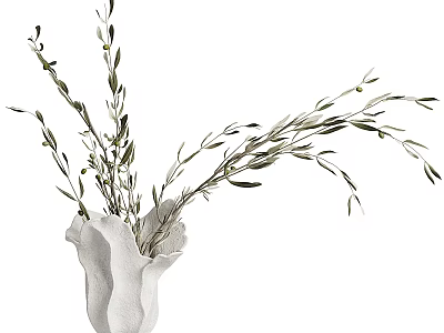 Ruffled White Vase With Olive Branches And Small Olive Fruits Decorative Arrangement 3d model