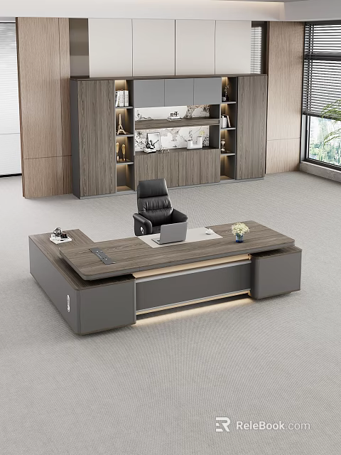 Modern Office Desk Featuring Wooden Top Gray Frame Laptop Flower Office Supplies And Natural Light 3d model 