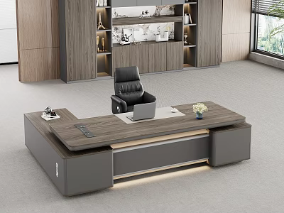 Modern Office Desk Featuring Wooden Top Gray Frame Laptop Flower Office Supplies And Natural Light 3d model