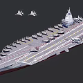 Modern Aircraft Carrier With Multiple Aircraft On Deck and Fighter Jets Flying Above