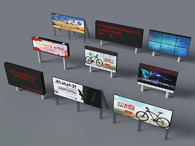 Various Outdoor Billboards With Bicycle Images Text Ads And LED Display Screens 3d model