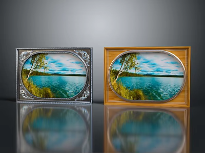 Silver and Wooden Decorative Photo Frames with Lake View and Tree Displayed on Reflective Surface 3d model