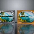 Silver and Wooden Decorative Photo Frames with Lake View and Tree Displayed on Reflective Surface